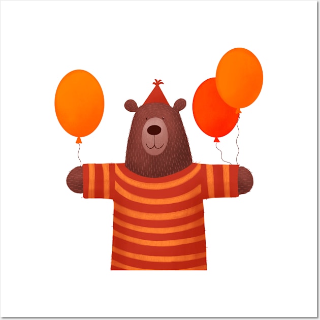 Funny bear with party ballons Wall Art by Kiwibrush